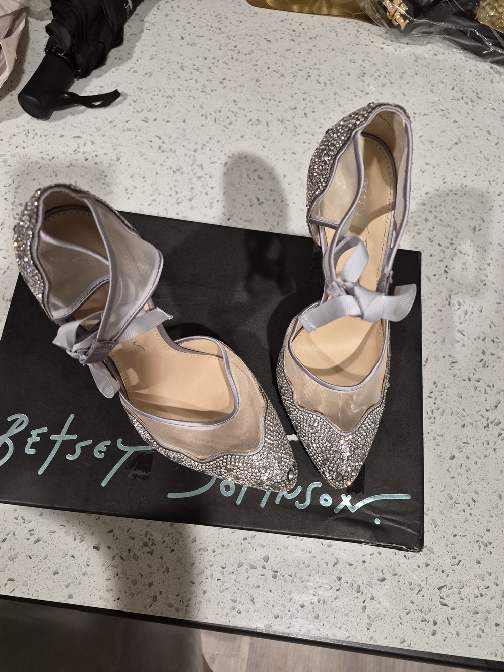 Betsey Johnson Silver Crystal Embellished Pointed Toe Flats Size 6